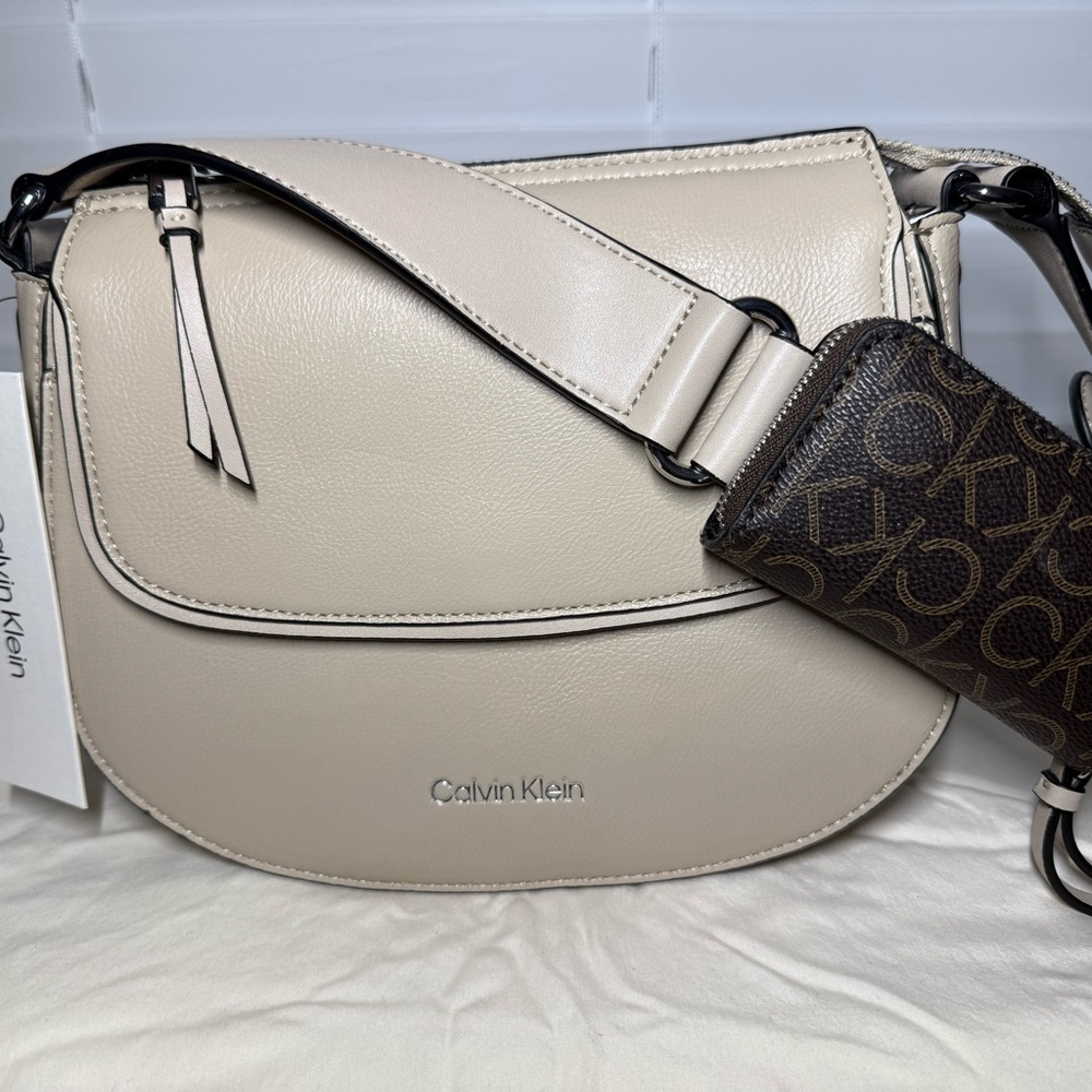 Calvin Klein Cream and Brown Crossbody Bag